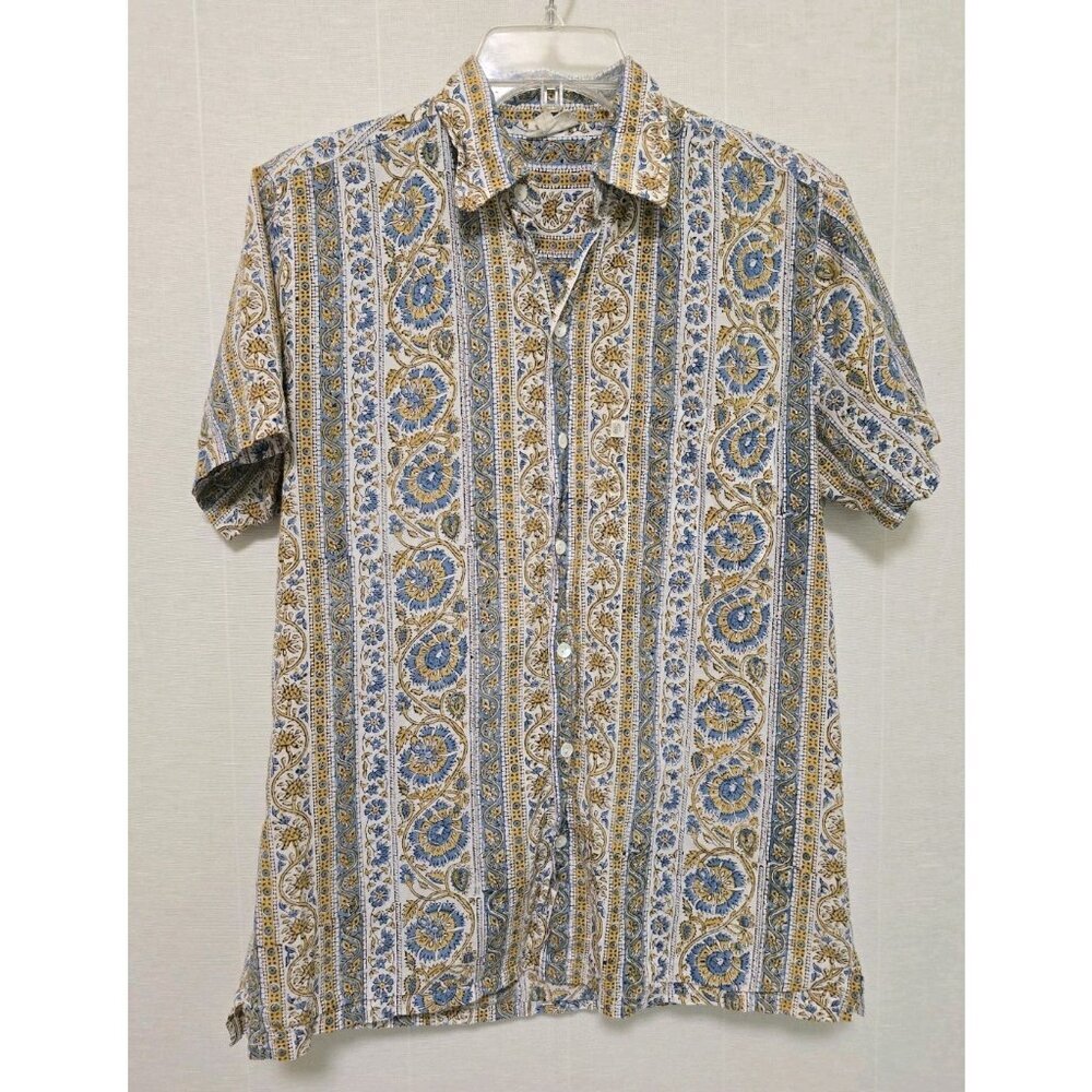 Anokhi Shirt Mens XS Blue Yellow Block Print Short Sleeve Button Up India Cotton